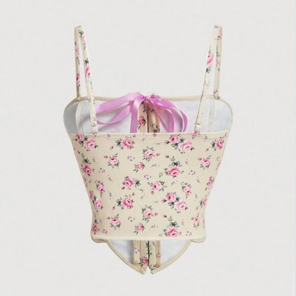 Amazon Floral Lace Trim Corset - Cream and Pink - Picture 2 of 11